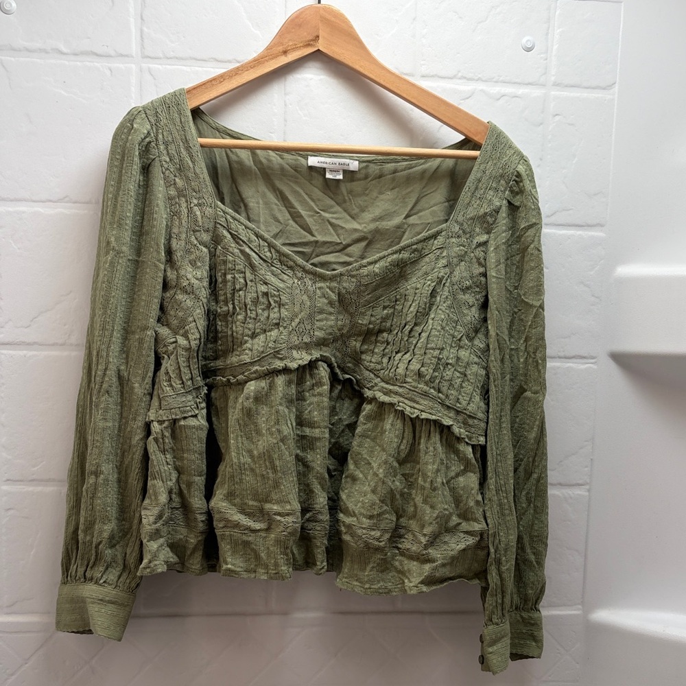 American Eagle Outfitters Olive Green Pintuck Peplum Blouse